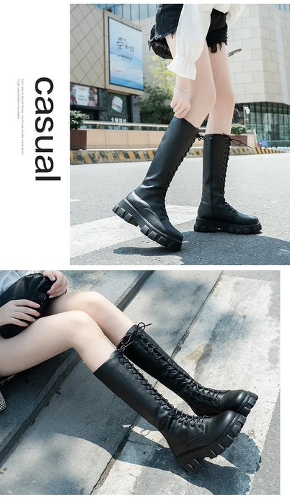 Women's Mid Calf Boots Padded Shoes Knee High Winter Sneakers Punk Style Military Casual White Black 2024 Lucury Platform Woman