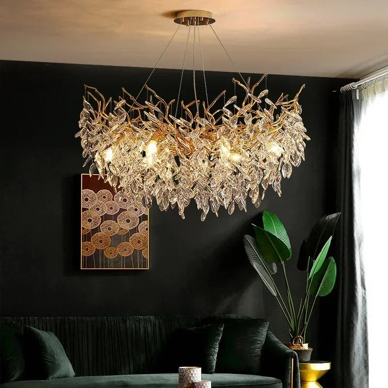 Modern Dining Room Branch Pendant Lights Lustre Crystal Led Hanging Lamp Post Luxury G9 Suspend Lamp Gold Droplight Fixtures
