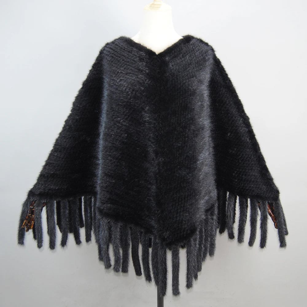 2025 New Fashion Genuine Mink Fur Shawl With Hood Winter Mink Fur Jacket Knitted Real Mink Fur Poncho For Women Natural Fur Wrap