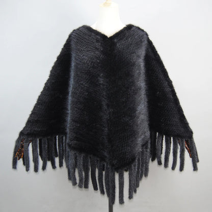2025 New Fashion Genuine Mink Fur Shawl With Hood Winter Mink Fur Jacket Knitted Real Mink Fur Poncho For Women Natural Fur Wrap