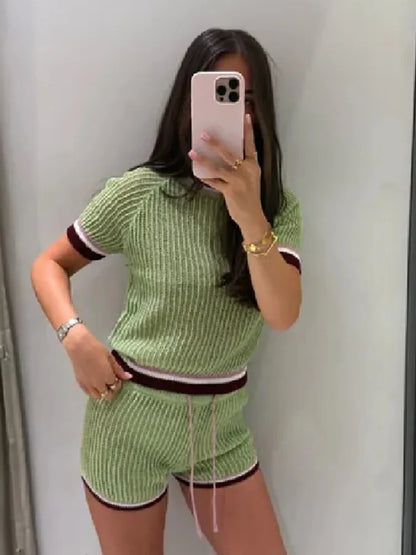 Casual Knitted Pants Set Round Neck Green Sleeves Top Drawstring Shorts 2pcs Sets 2026 Summer Vacation Commute Daily Lady Suit