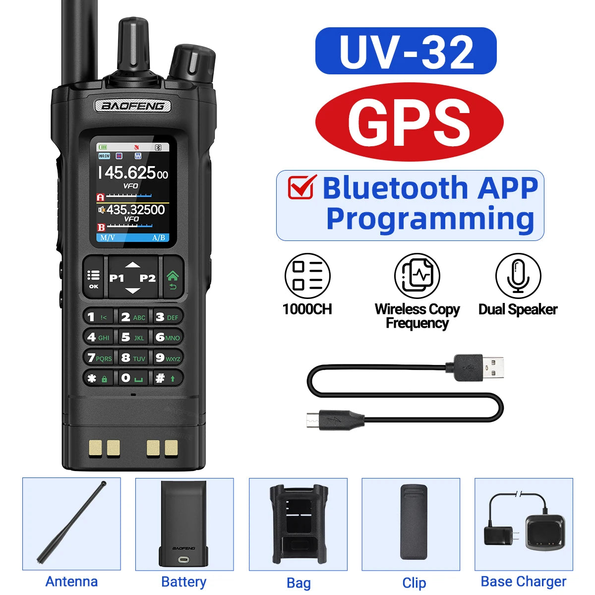 BAOFENG UV-32 Walkie Talkie GPS Multi Band 10W Bluetooth Wireless Programming Copy Frequency 1000CH Long Range Ham Two Way Radio