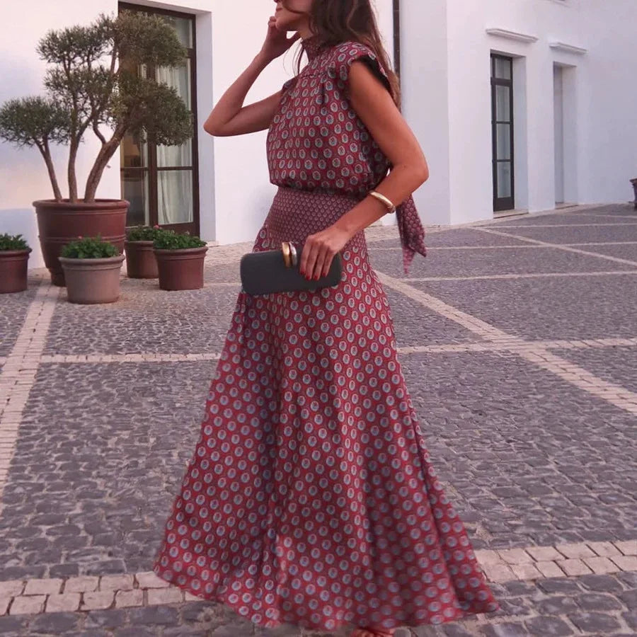 Vintage Printed Slim Office Commuting Suit Casual Loose Top+High Waisted Skirt 2pc Set Elegant Semi High Neck Sleeveless Outfit