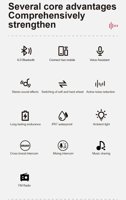 X3 Pro Motorcycle Helmet Bluetooth Headset 2-Riders Intercom 1000M BT6.0 IPX6 Waterproof Voice Assistant NoiseReduction FM Radio