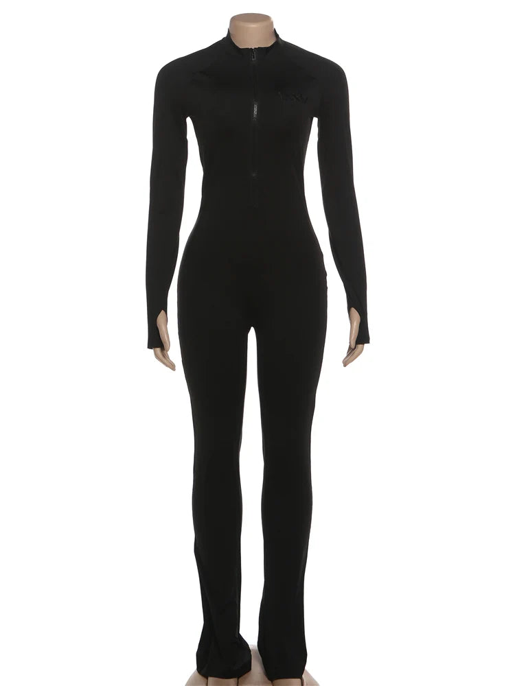 Weird Puss Basic Flared Jumpsuit Women Zip Letter Embroidery Full Sleeve Coquette Stretch Skinny Midnight Party Workout Overalls