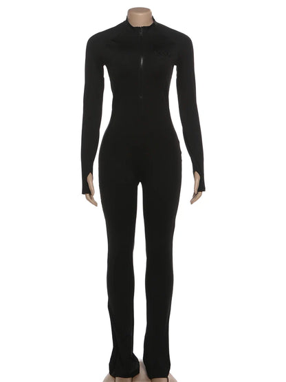 Weird Puss Basic Flared Jumpsuit Women Zip Letter Embroidery Full Sleeve Coquette Stretch Skinny Midnight Party Workout Overalls