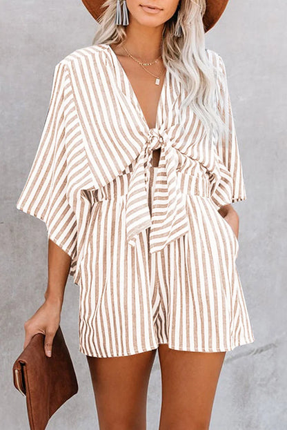 Summer waist slimming striped jumpsuit for women, European and American foreign trade deep V flared sleeve three quarter pants