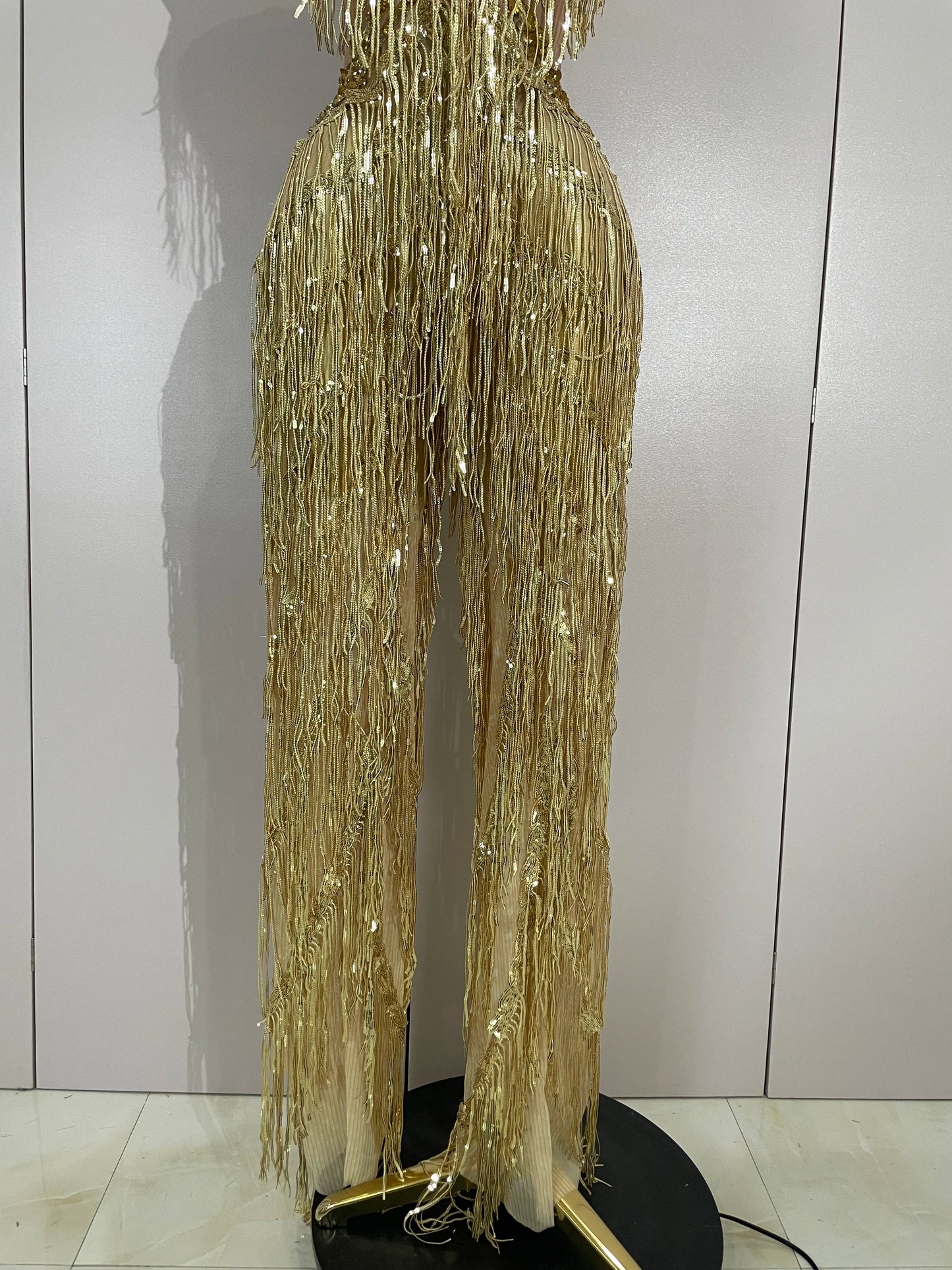 Sparkly Black Rhinestones Sequined Fringe Jumpsuit Women Sexy Nightclub Party Birthday Outfit Show Singer Stage Perform Costume
