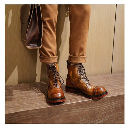 Fashion Cow Genuine Leather Motorcycle Boots Brogue Shoes Retro High Big Head Men's Mid-calf Chelsea Boots For Men Brown