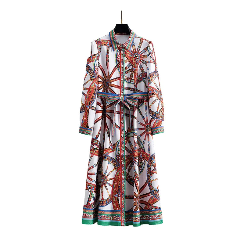 Classic Vintage French Floral Printed Long Sleeve Belted Shirt Dress with Self-Tie Waist A-Line Midi for Women Autumn Party Chic