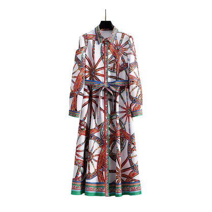Classic Vintage French Floral Printed Long Sleeve Belted Shirt Dress with Self-Tie Waist A-Line Midi for Women Autumn Party Chic