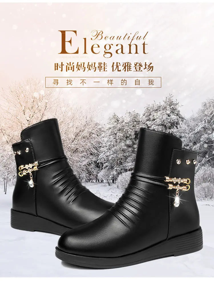 Leather Women Boots 2024 Winter Thick Wool Lined Genuine Leather Women Snow Boots Large Size Women Winter Shoes