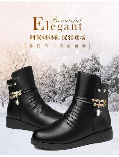 Leather Women Boots 2024 Winter Thick Wool Lined Genuine Leather Women Snow Boots Large Size Women Winter Shoes