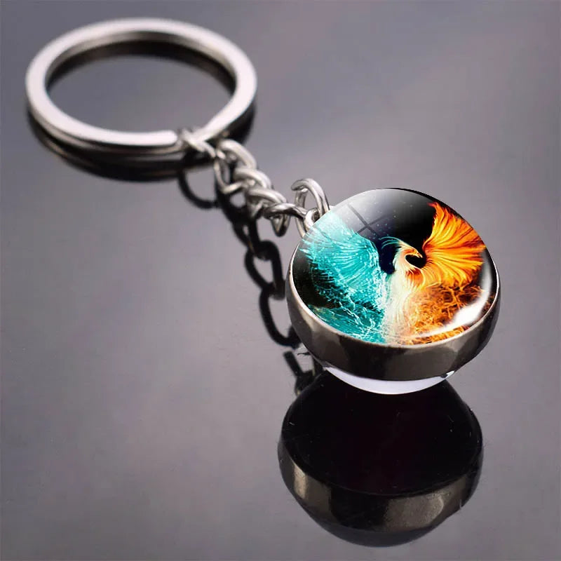 Animals Cute Keychain Cat Dog Bear Peacock Rabbit Squirrel Phoenix Double Side Glass Ball Pendant Keyring Jewelry Key Chain Gift