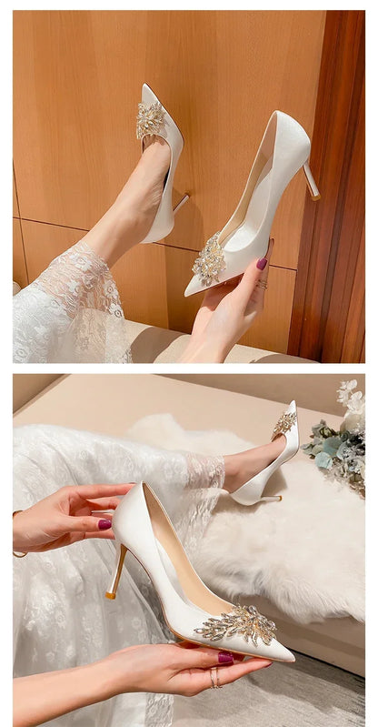 2024 Spring Summer Autumn New Wedding Shoes Red High Heels  Slim Heels Korean Version Pointed Toe Bride Shoes High Heels