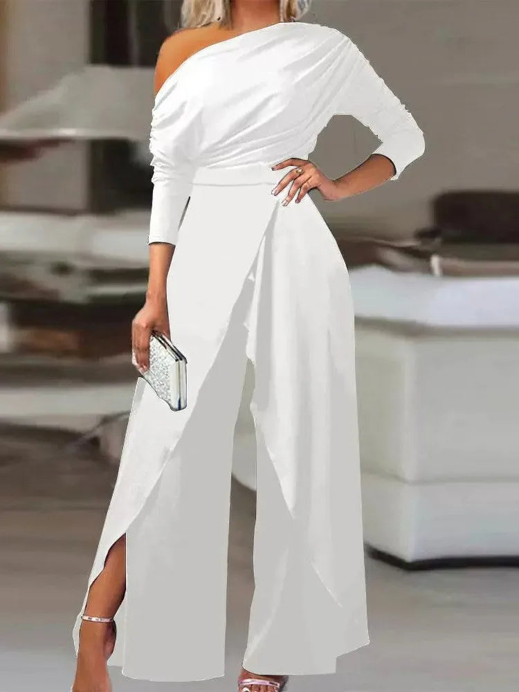 Casual Off Shoulder Jumpsuits Women Spring Autumn Irregular Ruched Wide Leg One Pieces Sets Office Ladies Elegant Party Romper