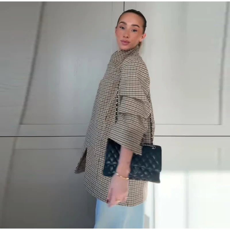 Plaid Cropped Trench Coat Lapel Collar Double Breasted Belted Waist Long Sleeve Women All-match Coats 2026 Autumn Commute Outfit