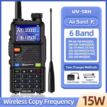 Baofeng UV5RH Handheld Walkie Talkie 15W 6000mAh Six Band Wireless Replication Frequency 999CH Supports Type-C Charging HAM 10km