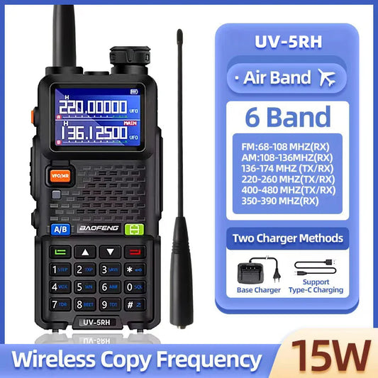 Baofeng UV5RH Handheld Walkie Talkie 15W 6000mAh Six Band Wireless Replication Frequency 999CH Supports Type-C Charging HAM 10km