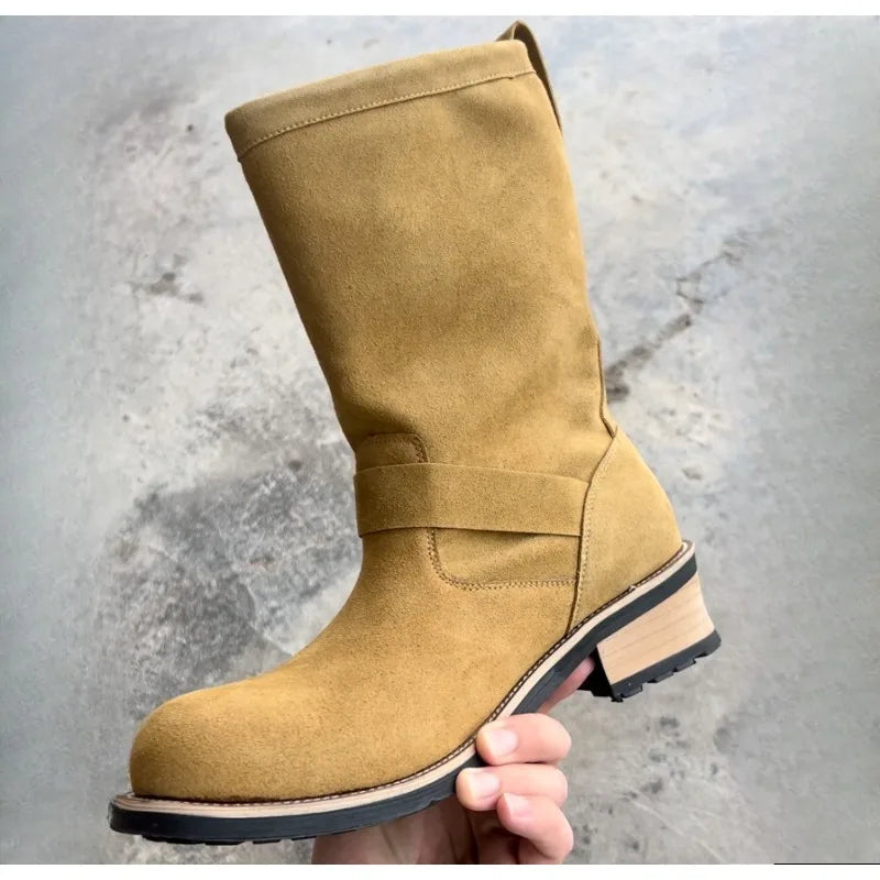 Dark Brown Suede Work Boots Men's and Women's Engineer Ort Shoes American Retro Moto Boots Faded Mid-Calf Shoes Motocross Boots
