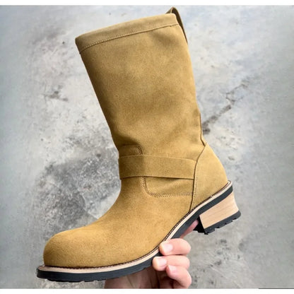 Dark Brown Suede Work Boots Men's and Women's Engineer Ort Shoes American Retro Moto Boots Faded Mid-Calf Shoes Motocross Boots