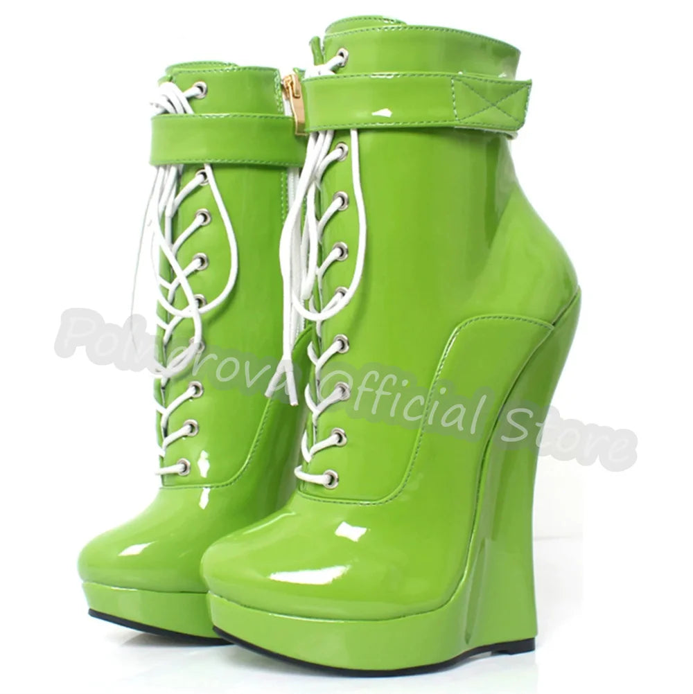 Gothic Punk Wedges Lace-Up Women Platform Boots Hoof Design Super High Heel Side Zipper Boots Unisex Pole Dance Party Shoes