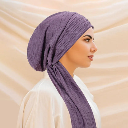 2026 New Solid Color Turban Hijab Hats Long Tail Head Wraps Elastic Muslim Hats Breathable Chemo Cap For Women Girls