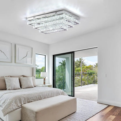 Modern Crystal LED Ceiling Light Fixture 20” Rectangular Flush Mount Chandelier Ceiling Lights 3-Tiers Stainless Steel Ceiling L