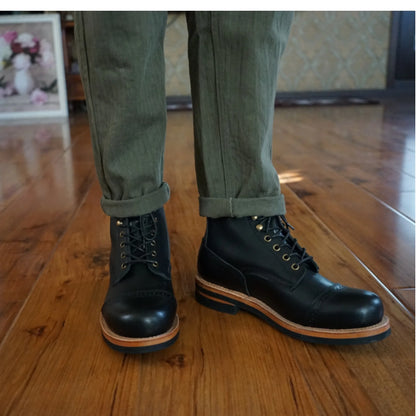 Goodyear-welding Workwear Men's Boots Leather Round Toe Mid-top Biker Shoes