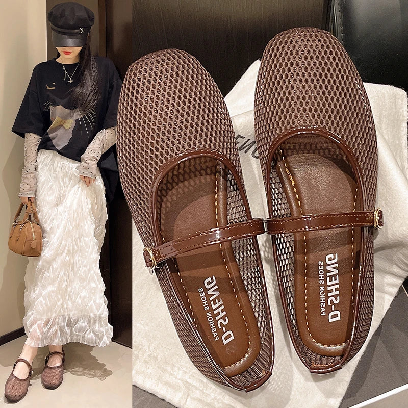 Women Luxury Sandals Flats Shallow Beach Comfort Retro Female Mary Jane Fishing Net Ballet Shoes Women's Soft Bottom Flat Hollow
