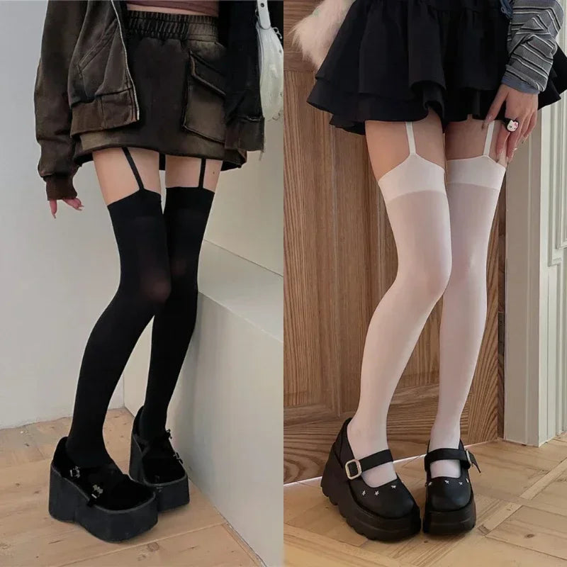 Women Suspender Wide-banded Velvet Tights Lolita Thin Thigh High Stockings with Garters Y2K JK College Style Over The Knee Socks