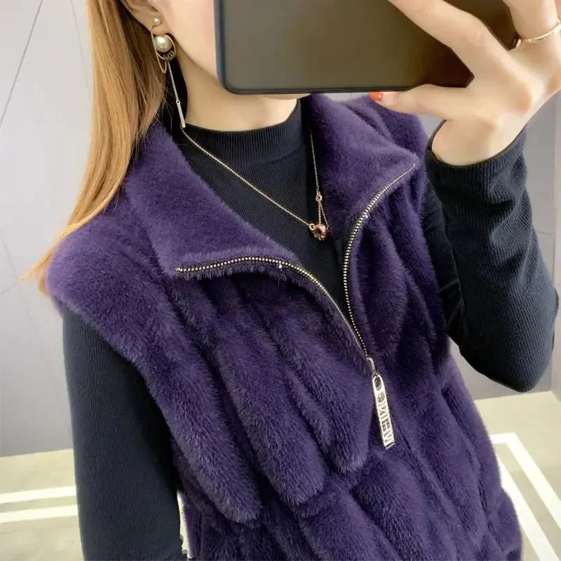 Imitation Mink Fur Sweater Vest Women's Autumn Winter Outerwear 2024 New Waistcoat Female Sleeveless Jacket Zipper Cardigan Top