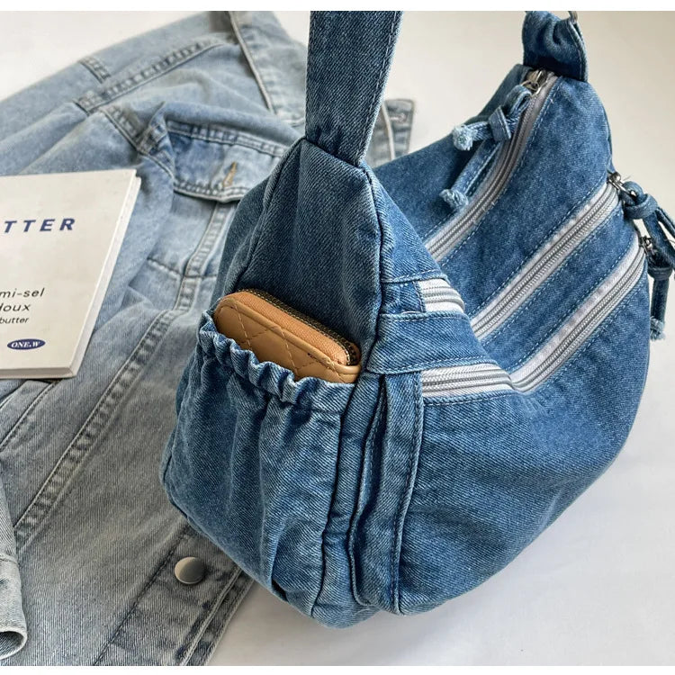 Vintage Denim Women's Shoulder Bag Large Capacity Messenger Bag Multi-pockets Satchel Bags Adjustable Strap Ladies Crossbody Bag