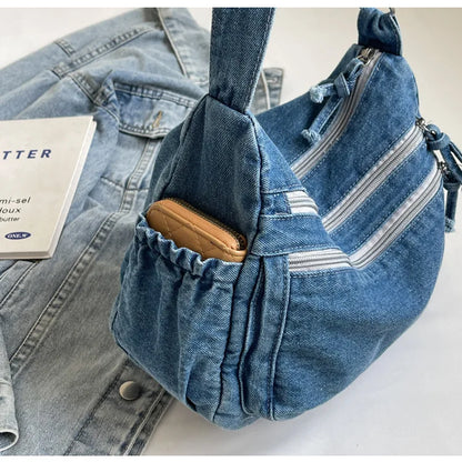 Vintage Denim Women's Shoulder Bag Large Capacity Messenger Bag Multi-pockets Satchel Bags Adjustable Strap Ladies Crossbody Bag