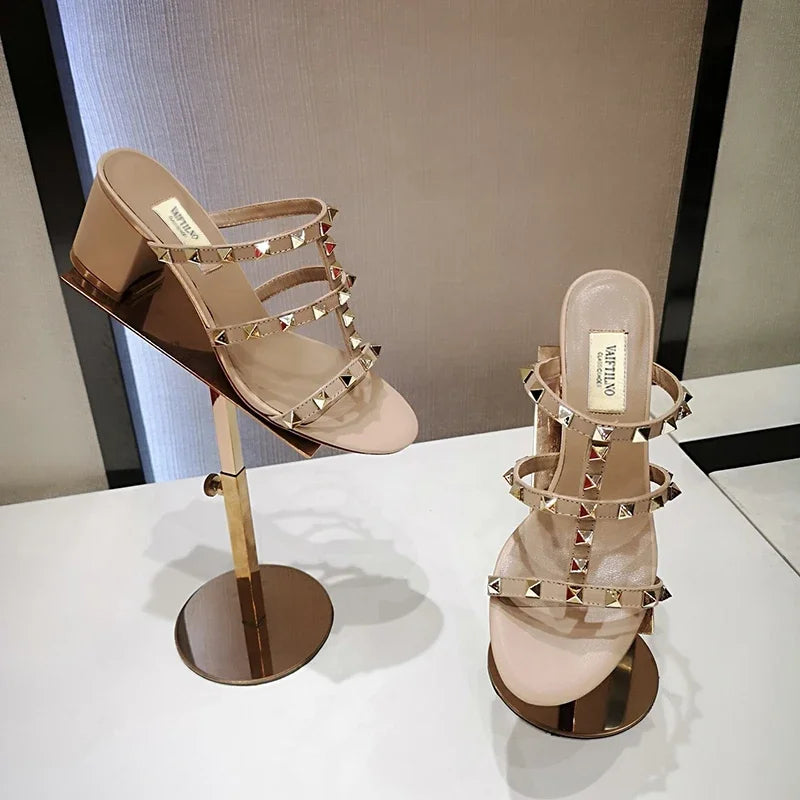 Women's Sandals Gladiator Summer With Heels Real Leather Rivets Luxury Brand High-heeled slippers Designer Silver Ladies Shoes