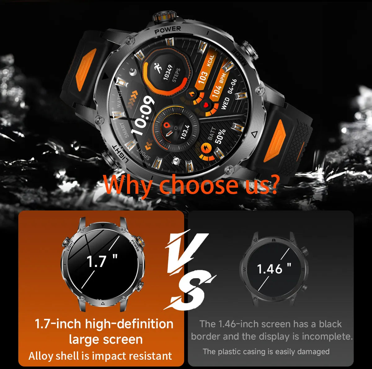 Brand+1400mAh Big Battery Smartwatch Men 1.7" AMOLED 200-Day Standby Swim Diving Waterproof GPS Military Tactical SOS 100 Sports