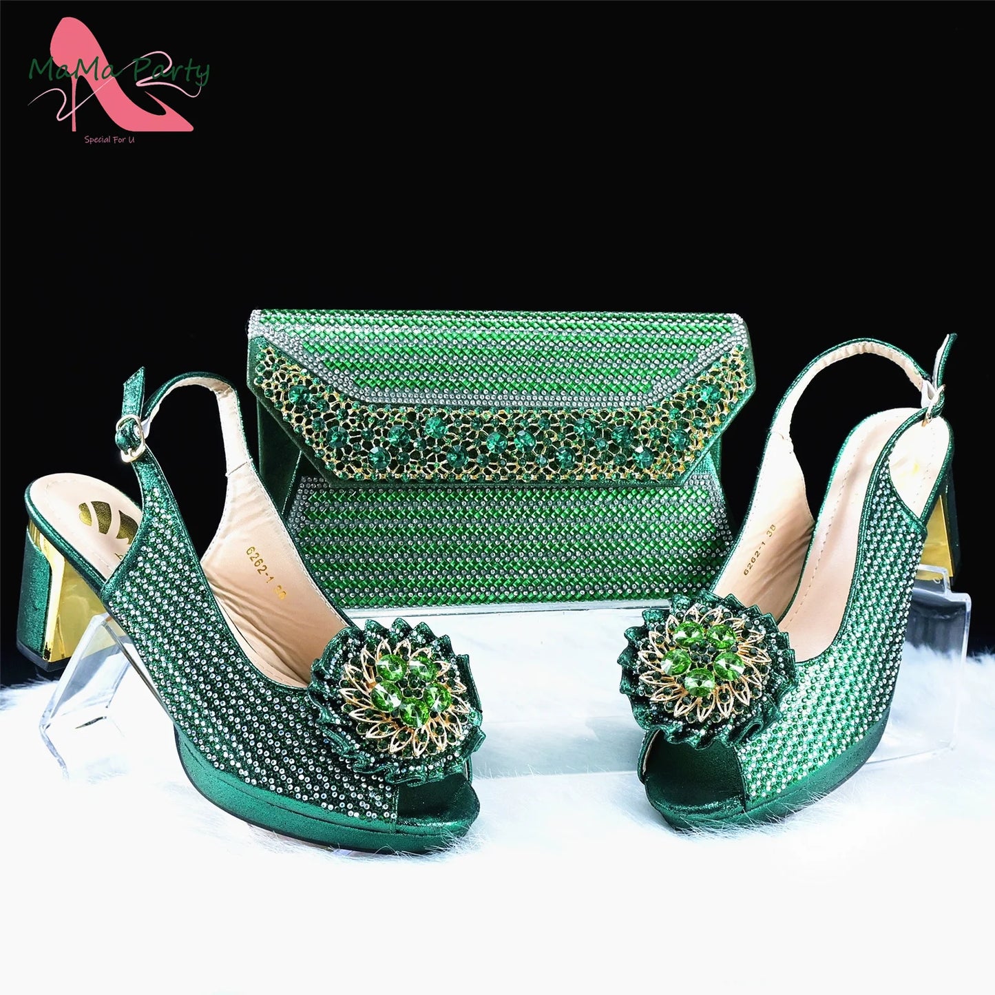 Mature Italian Women Shoes Matching Bag Set in Green Color 7 CM Comfortable Heels with Plaform Elegant Peep Toe Sandals