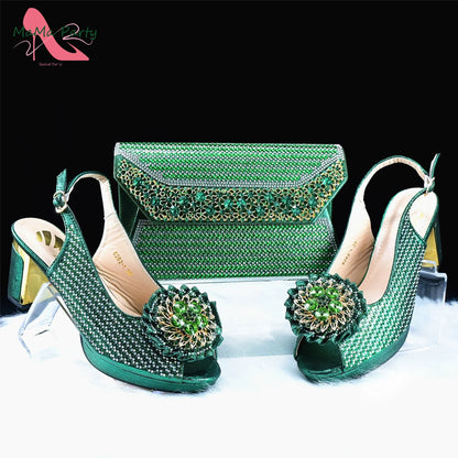 Mature Italian Women Shoes Matching Bag Set in Green Color 7 CM Comfortable Heels with Plaform Elegant Peep Toe Sandals