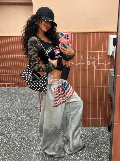 ReddaChic American Flag Baggy Sweatpants Gray Drawstring Hiphop Casual Wide Leg Parachute Joggers Kpop Jazz Dance Women Trousers