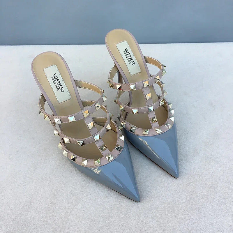 Women's sandals luxury Brand Shoes Woman 2025 trend Ankle Strap Summer Rivets High Heels Slippers Design Pointed Toe Sexy party