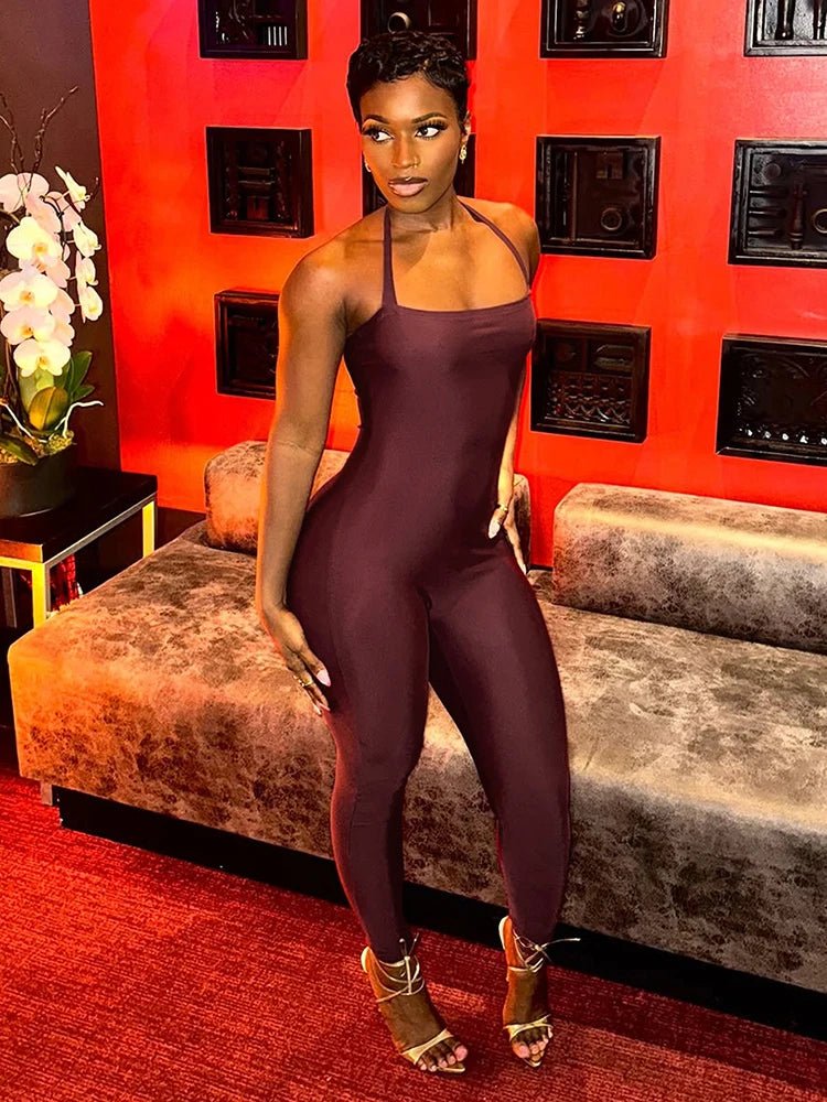 Weird Puss Hipster Backless Jumpsuit Women Halter Lace-Up Low Chest Sexy Solid Midnight Activity Stretch Slim Streetwear Overall