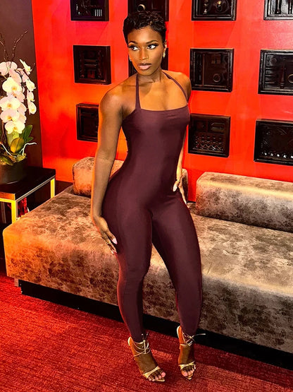 Weird Puss Hipster Backless Jumpsuit Women Halter Lace-Up Low Chest Sexy Solid Midnight Activity Stretch Slim Streetwear Overall