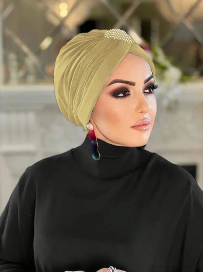 1PCS Thin Inner Hijab Women Rhinestone Instant Turban Threaded Texture Fabric Lightweight Breathable Comfortable Women Headscarf
