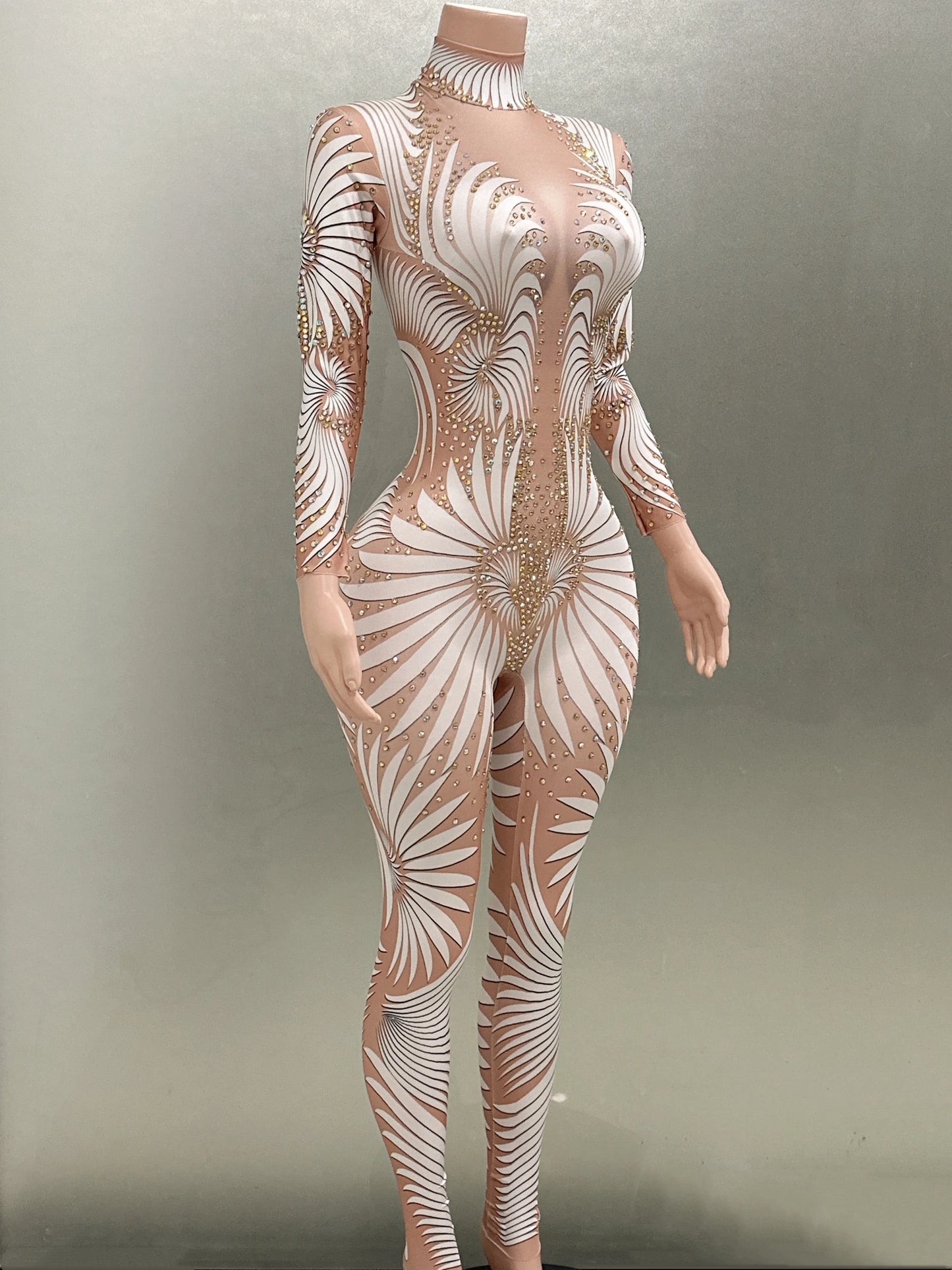 White Printing Shinning Diamonds Sexy Elastic Sheath Long Jumpsuit Evening Party Performance Bar DJ Nightclub Singer Stage Wear
