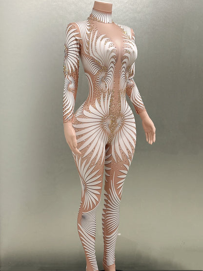 White Printing Shinning Diamonds Sexy Elastic Sheath Long Jumpsuit Evening Party Performance Bar DJ Nightclub Singer Stage Wear