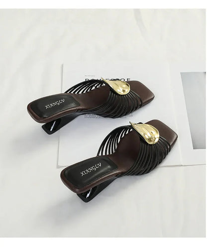 Luxury Designer Square Toe Slippers Heeled Sandals for Woman Shoes 2026 New Elegant Pumps Flip Flops Dress Summer Mujer Zapatos