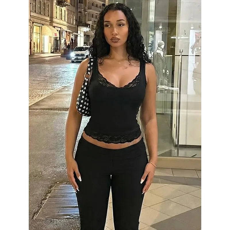 Dulzura Square Collar Backless Slim Lace Ruffles Patchwork Tank Top Women'S Fashion Sexy Y2K Top Party Vacation Summer Clothes