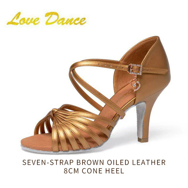 UK Latin Dance Women's Medium-Heel Latin Shoes Brown Oiled Leather Soft Indoor Sole for Competition Daily Practice