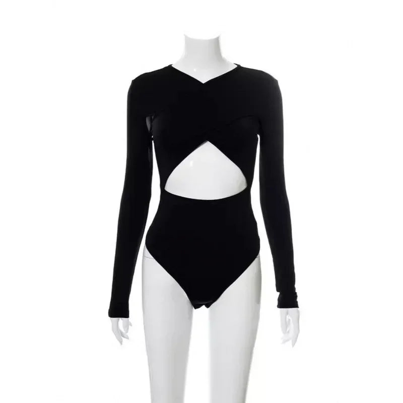 Summer New Women's Jumpsuit Solid Color Cross Hollow Long Sleeve Revealed Waist Slimming Smooths Your Silhouette
