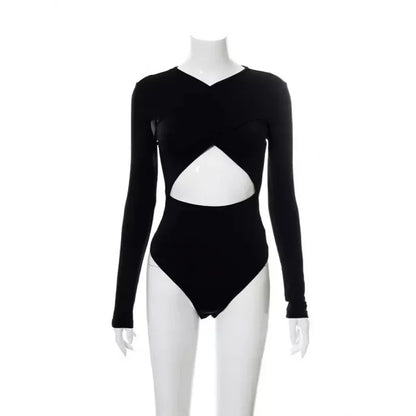 Summer New Women's Jumpsuit Solid Color Cross Hollow Long Sleeve Revealed Waist Slimming Smooths Your Silhouette
